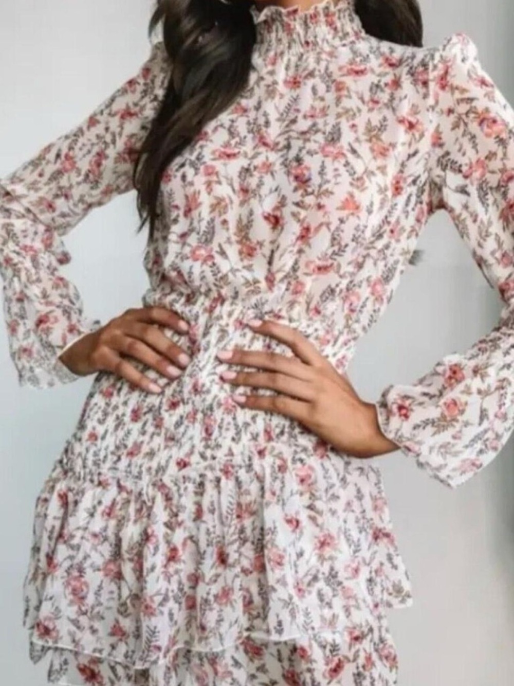 Princess Polly Pink Floral Smocked Tiered Long Sleeve Mini Dress